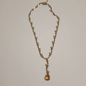 Gold Tone Vine Link Y Drop Necklace Clear Rhinestone Golden Teardrop